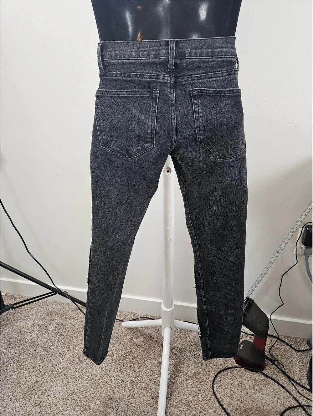 Hot Topic Black Skinny Jeans w/White Skull and Star Patchwork and Silver Zippers